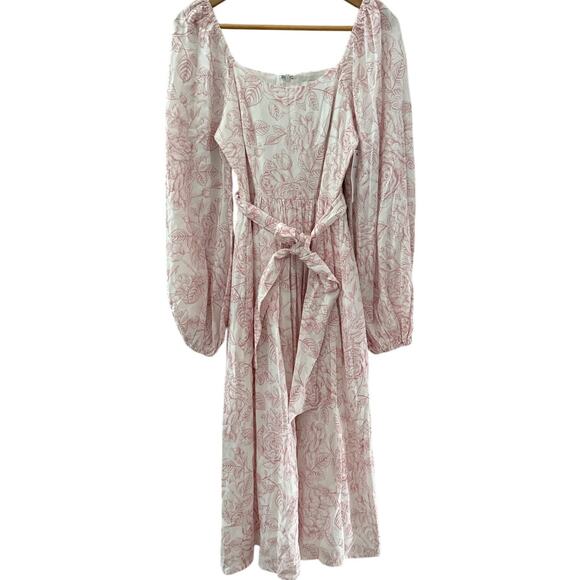 AURA Pink & White Floral Midi Cottage Dress with Sash Belt & Pockets Size Small - Picture 4 of 12
